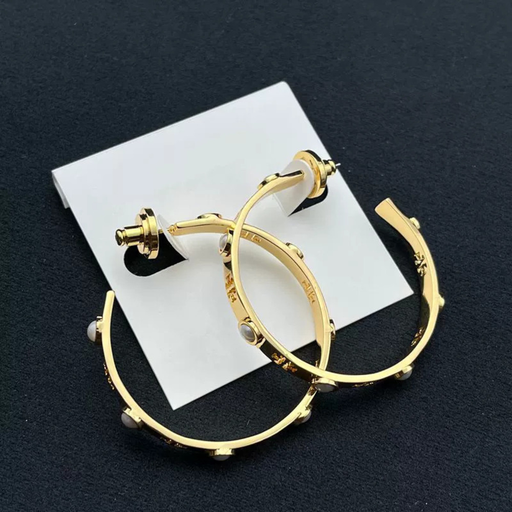 Tory Burch Pearl Inlaid Hollow Gold Plated Copper Double Stud Earrings